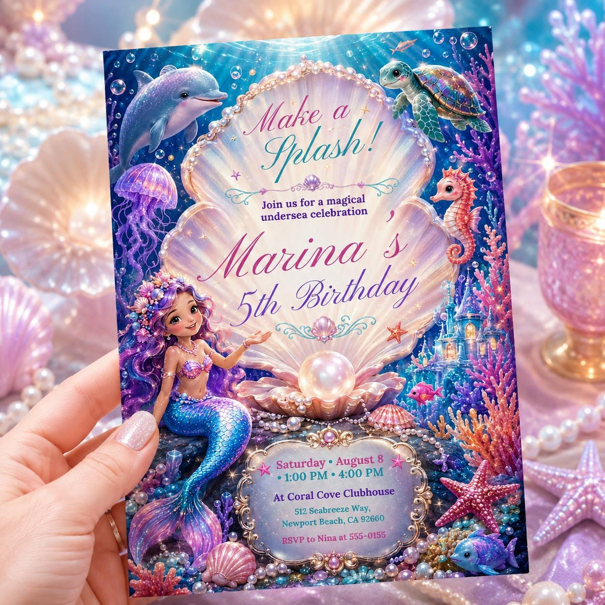 Pearl Shell Mermaid 5th Birthday Invitation — invitation you personalize in Canva