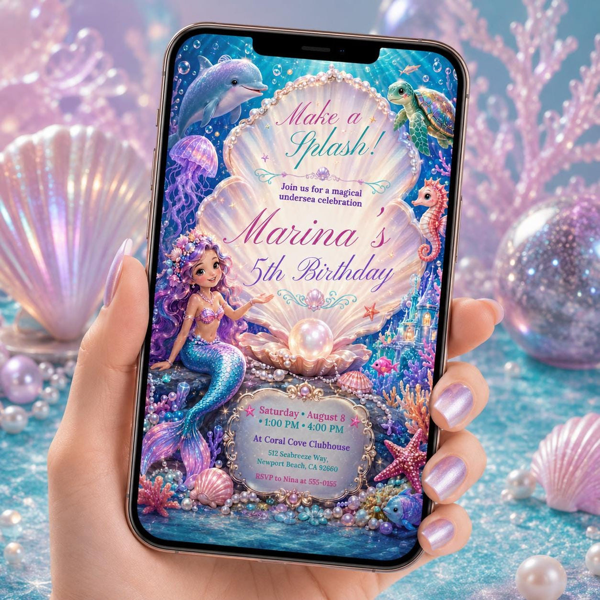 Pearl Shell Mermaid 5th Birthday Invitation — dolphin artwork in pink and purple