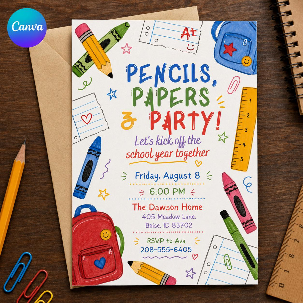 Pencils Papers Party Back-to-School Invitation — editable Canva template