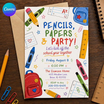 Pencils Papers Party Back-to-School Invitation — editable Canva template