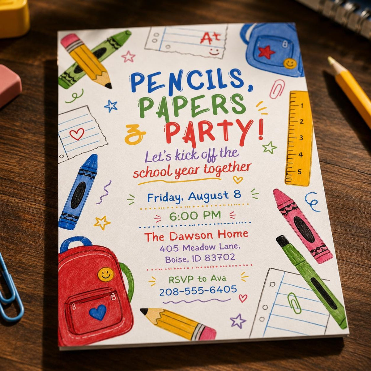 Pencils Papers Party Back-to-School Invitation — supplies design