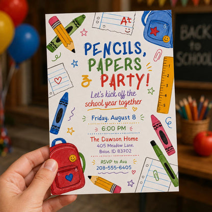 Pencils Papers Party Back-to-School Invitation — invitation you personalize in Canva
