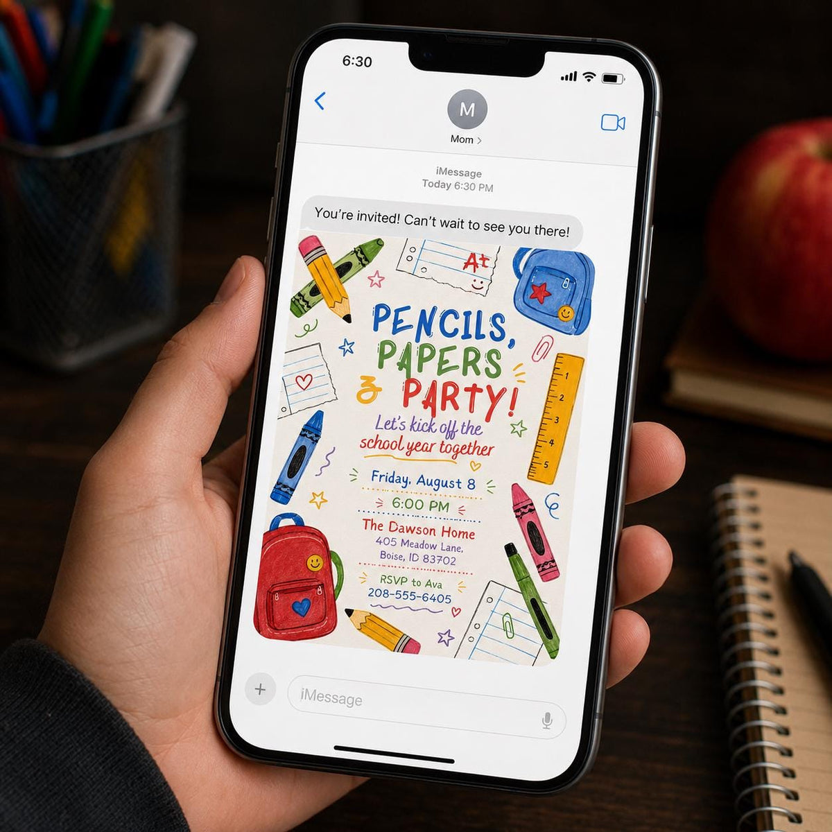Pencils Papers Party Back-to-School Invitation — supplies artwork in blue and red