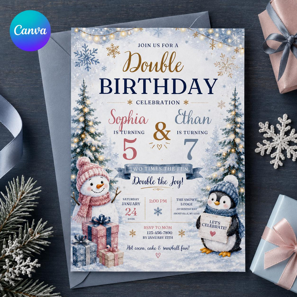 Penguin Winter Double Birthday Invitation — editable Canva template