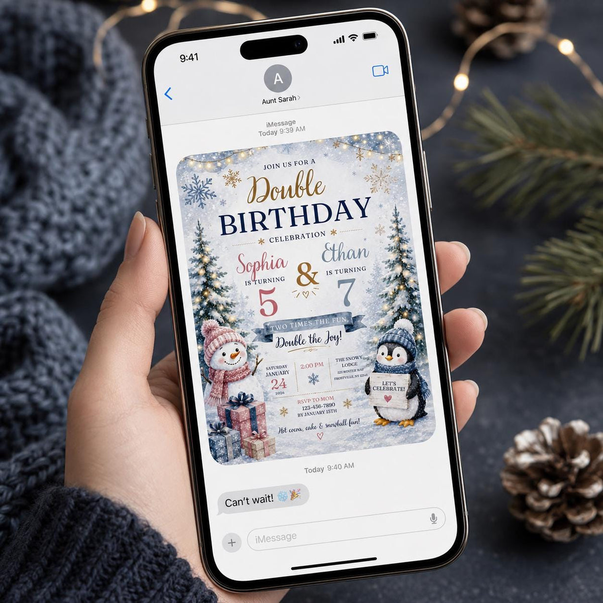 Penguin Winter Double Birthday Invitation — snowman design
