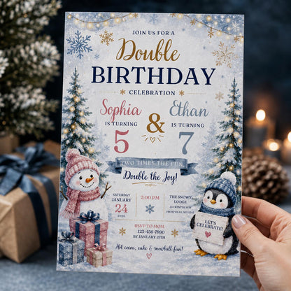 Penguin Winter Double Birthday Invitation — invitation you personalize in Canva