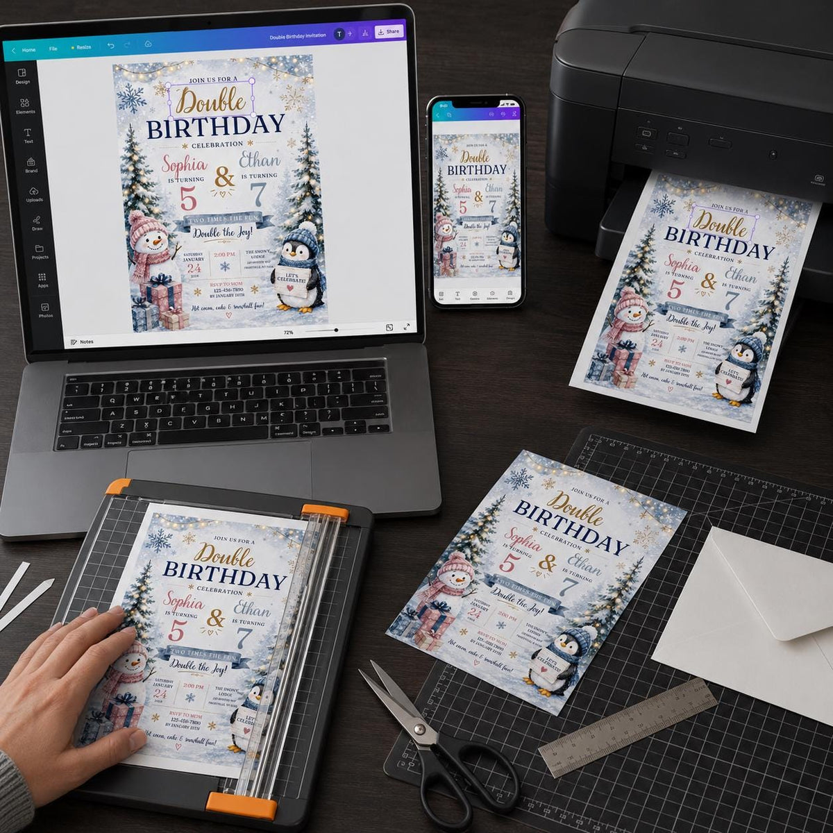 Penguin Winter Double Birthday Invitation — print-ready birthday party design from VoltBy