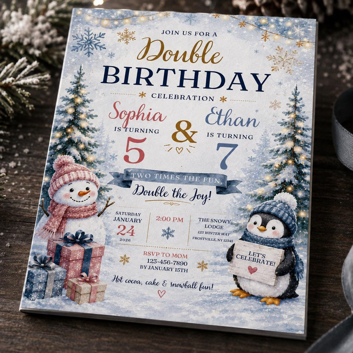 Penguin Winter Double Birthday Invitation — digital invitation, instant download