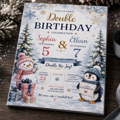 Penguin Winter Double Birthday Invitation — digital invitation, instant download