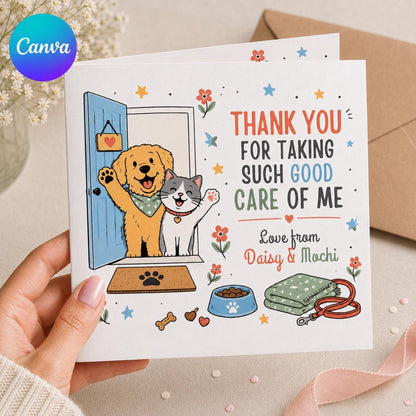 Pet Sitter Thank You Greeting Card from Dog and Cat — editable Canva template