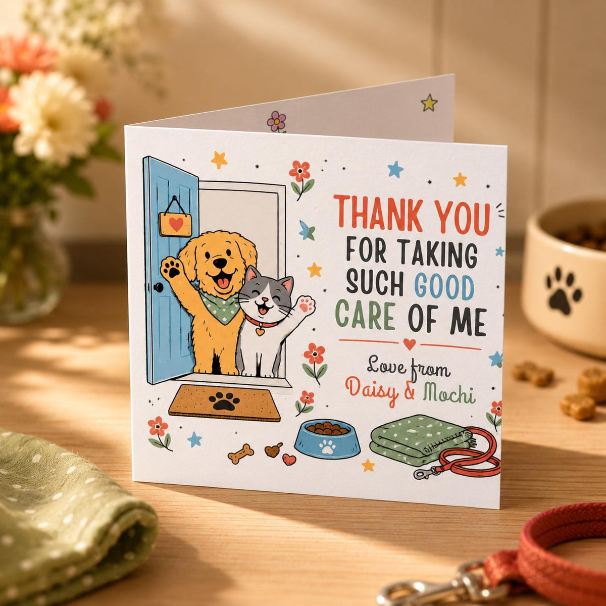 Pet Sitter Thank You Greeting Card from Dog and Cat — digital greeting card, instant download