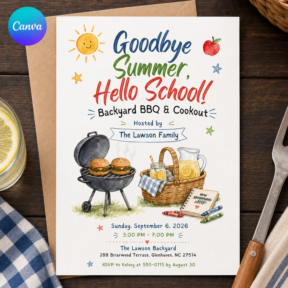 Picnic Back to School BBQ Invitation: Backyard Cookout Party — editable Canva template