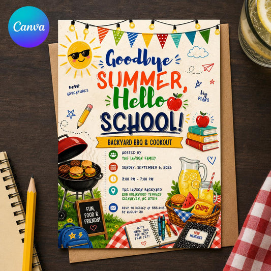 Picnic Back to School BBQ Invitation: Goodbye Summer Hello School Cookout Party — editable Canva template