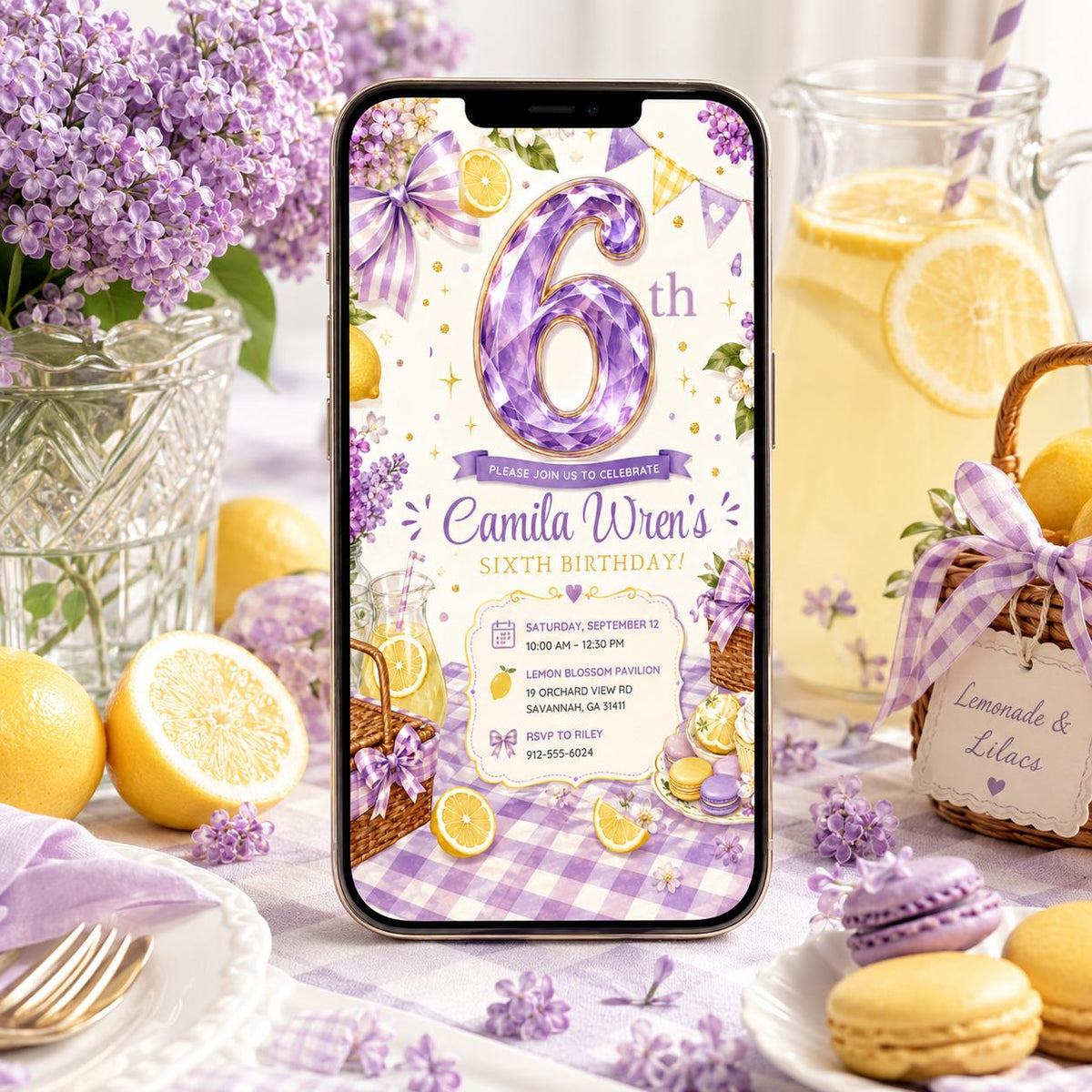 Picnic Lavender Lemon 6th Birthday Invitation for Girls — invitation you personalize in Canva