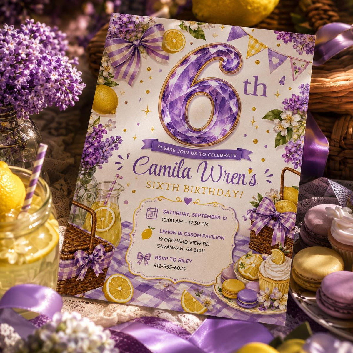 Picnic Lavender Lemon 6th Birthday Invitation for Girls — print-ready 6th birthday party design from VoltBy