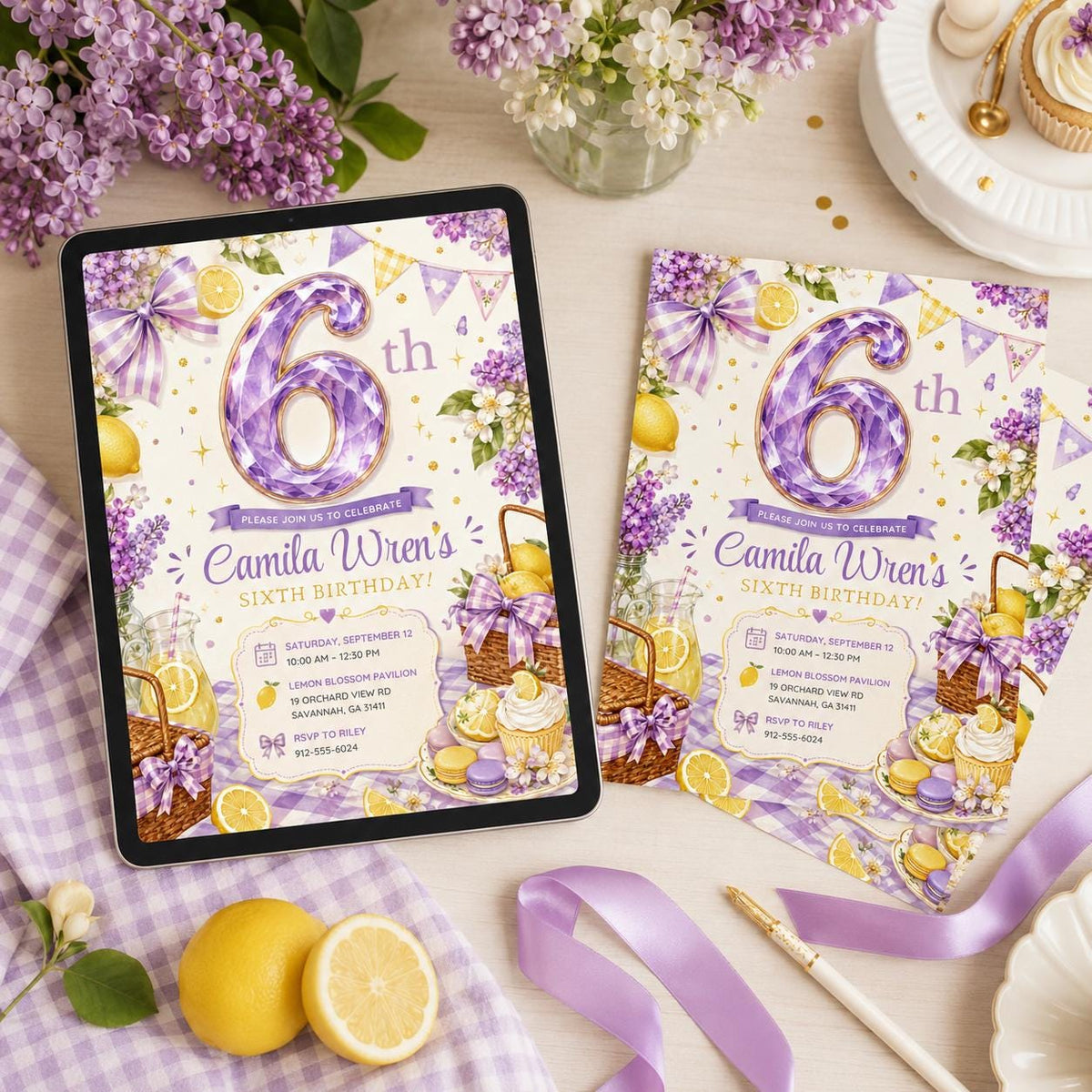 Picnic Lavender Lemon 6th Birthday Invitation for Girls — digital invitation, instant download