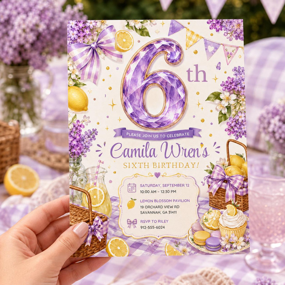 Picnic Lavender Lemon 6th Birthday Invitation for Girls — 6th birthday party stationery by VoltBy