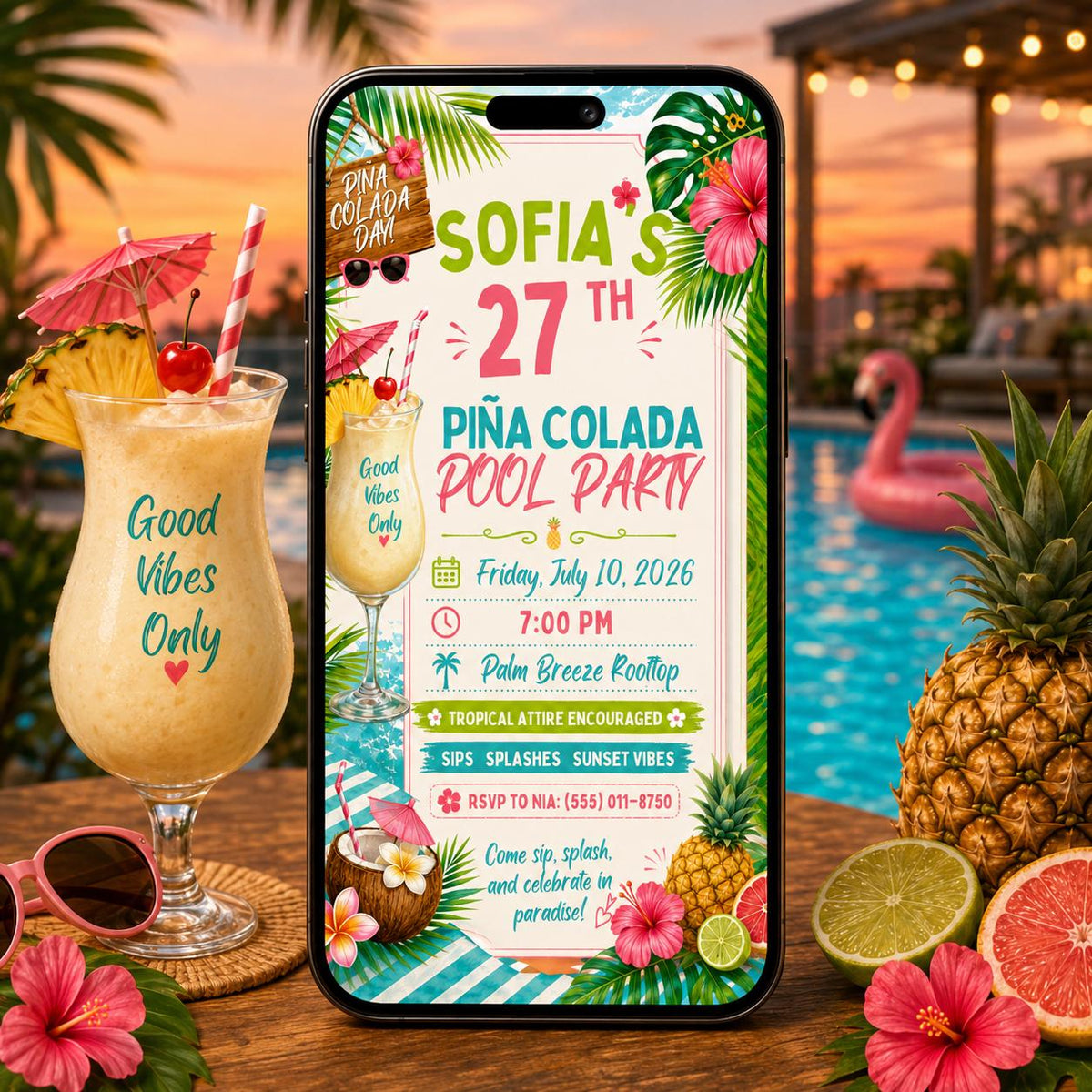 Pina Colada Birthday Invitation — pool and tropical design