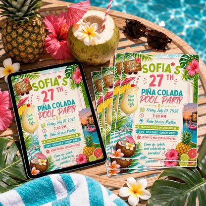Pina Colada Birthday Invitation — print-ready birthday party design from VoltBy