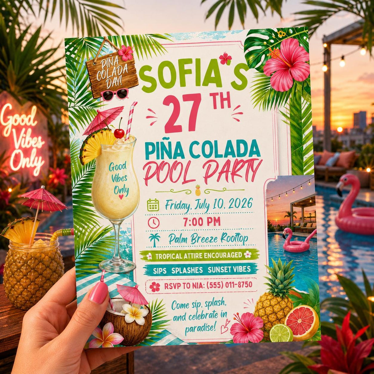 Pina Colada Birthday Invitation — digital invitation, instant download