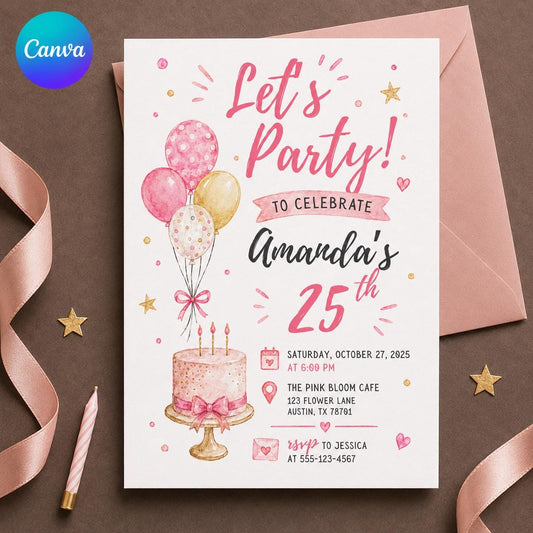Pink 25th Birthday Invitation for Her — editable Canva template