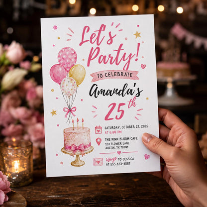 Pink 25th Birthday Invitation for Her — balloon and cake design