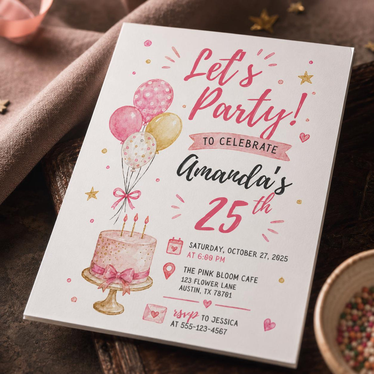 Pink 25th Birthday Invitation for Her — print-ready 25th birthday party design from VoltBy