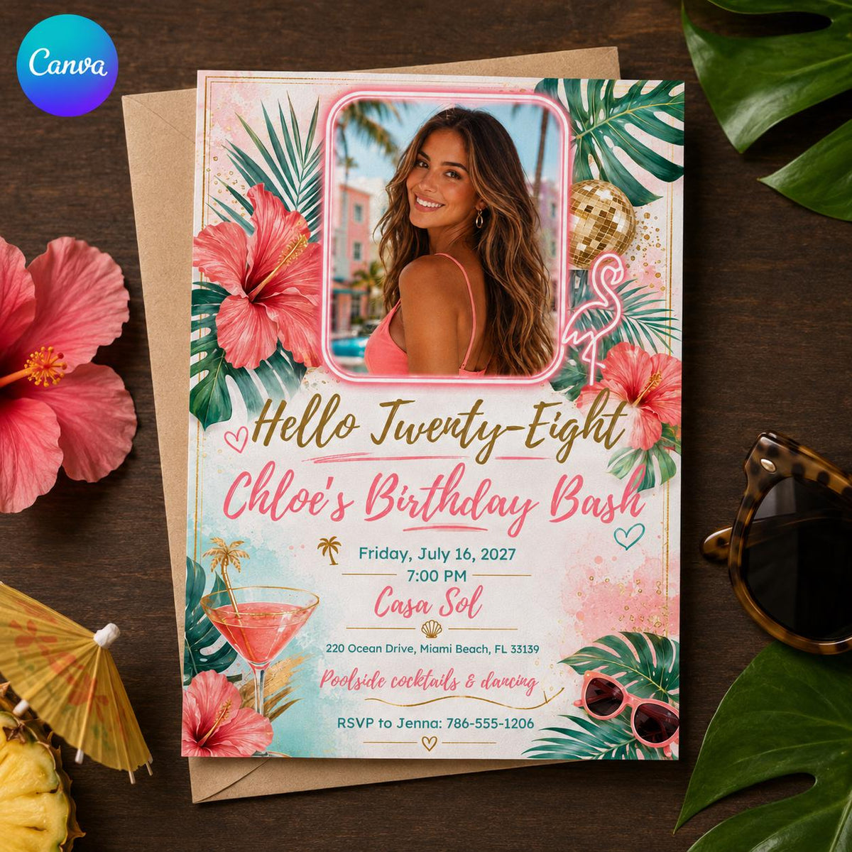 Pink 28th Birthday Invitation — editable Canva template
