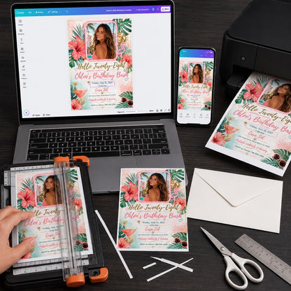 Pink 28th Birthday Invitation — flamingo and hibiscus design