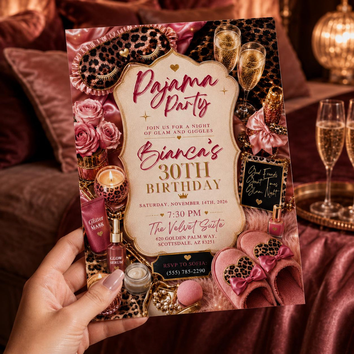 Pink 30th Birthday Pajama Party Invitation for Girls — leopard print and sleepover design