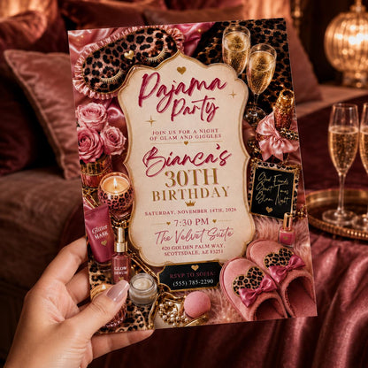 Pink 30th Birthday Pajama Party Invitation for Girls — leopard print and sleepover design