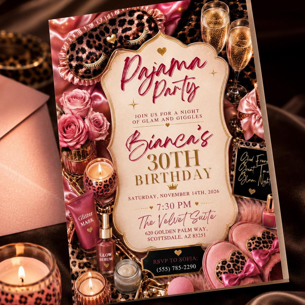 Pink 30th Birthday Pajama Party Invitation for Girls — print-ready 30th birthday party design from VoltBy