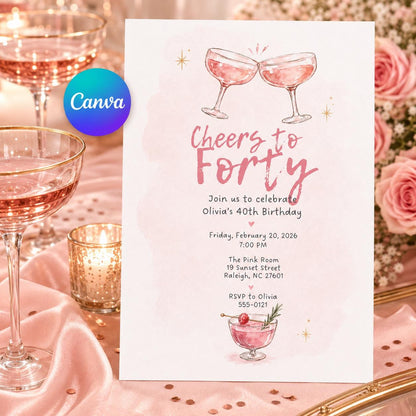 Pink 40th Birthday Invitation — editable Canva template