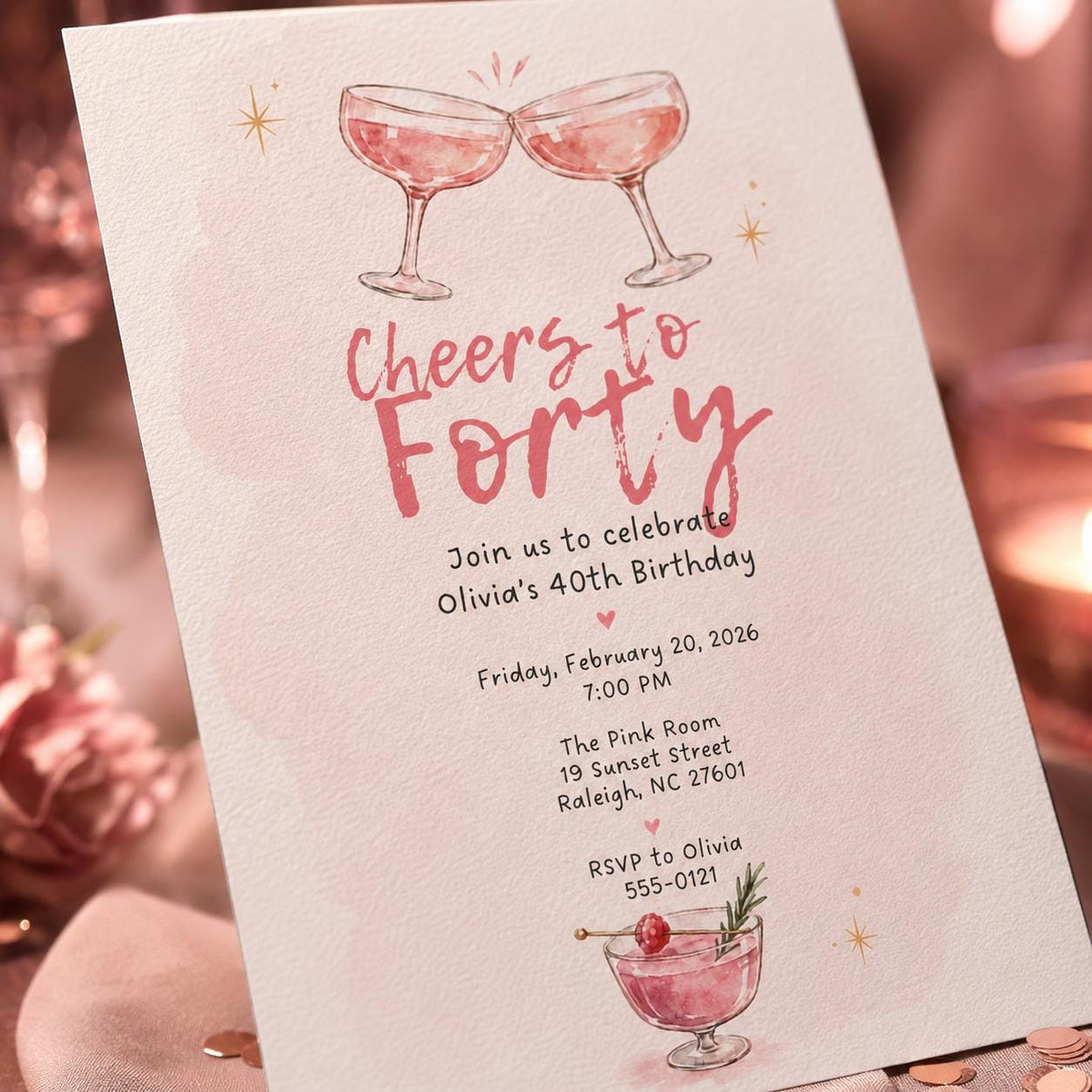 Pink 40th Birthday Invitation — invitation you personalize in Canva
