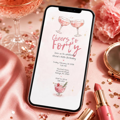 Pink 40th Birthday Invitation — print-ready 40th birthday party design from VoltBy
