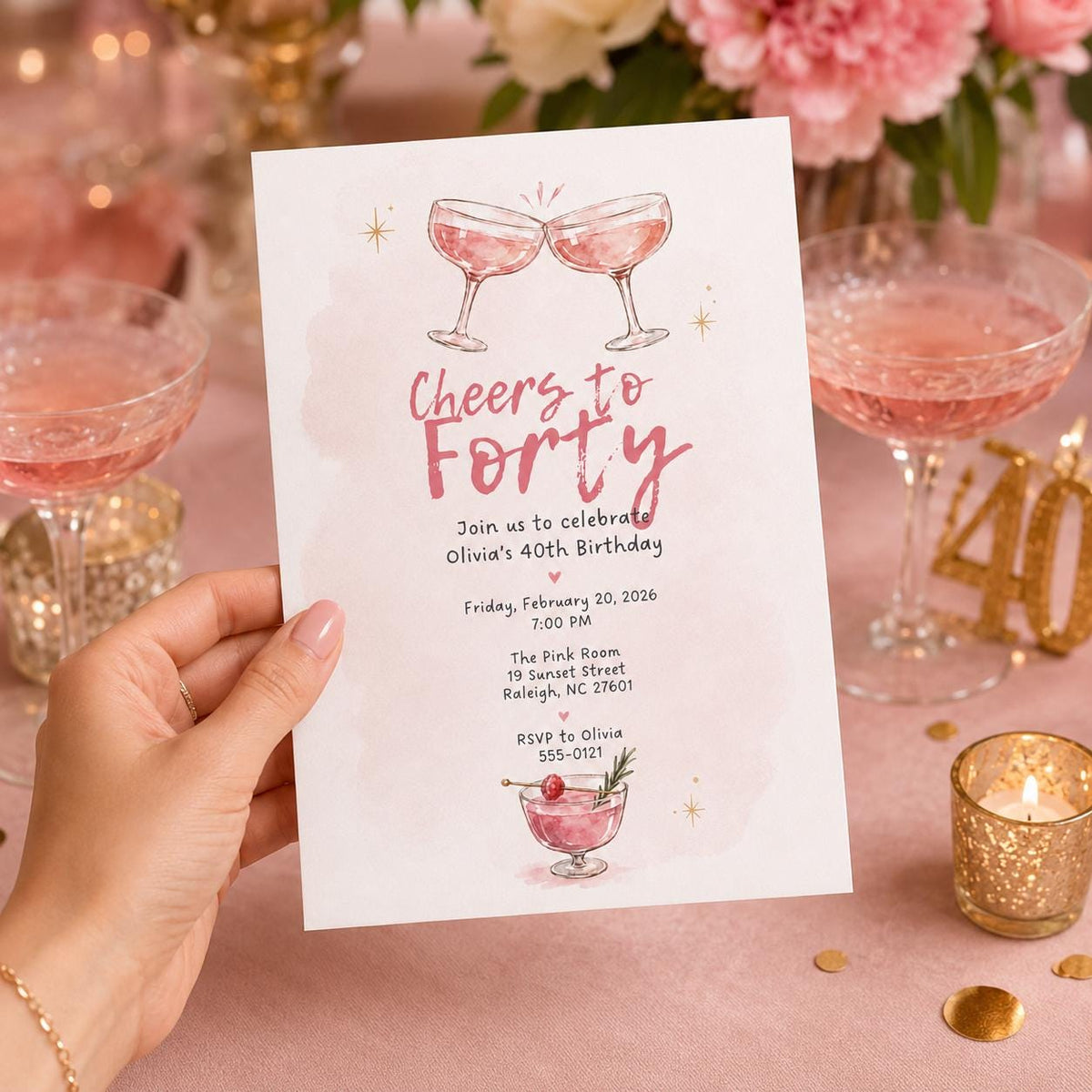 Pink 40th Birthday Invitation — digital invitation, instant download