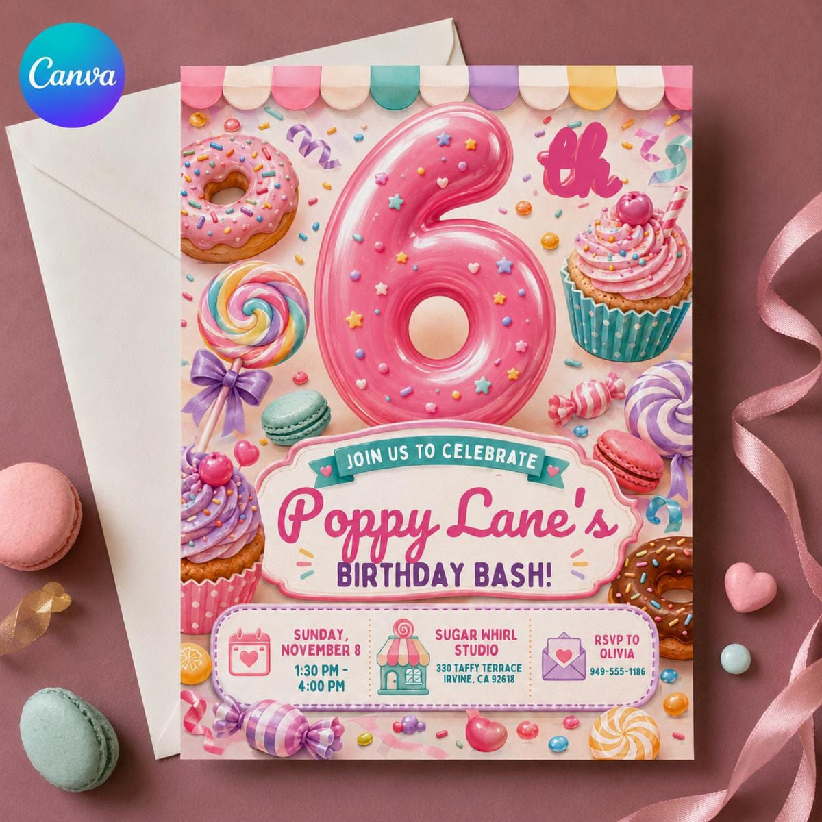 Pink 6th Birthday Girl Invitation — editable Canva template