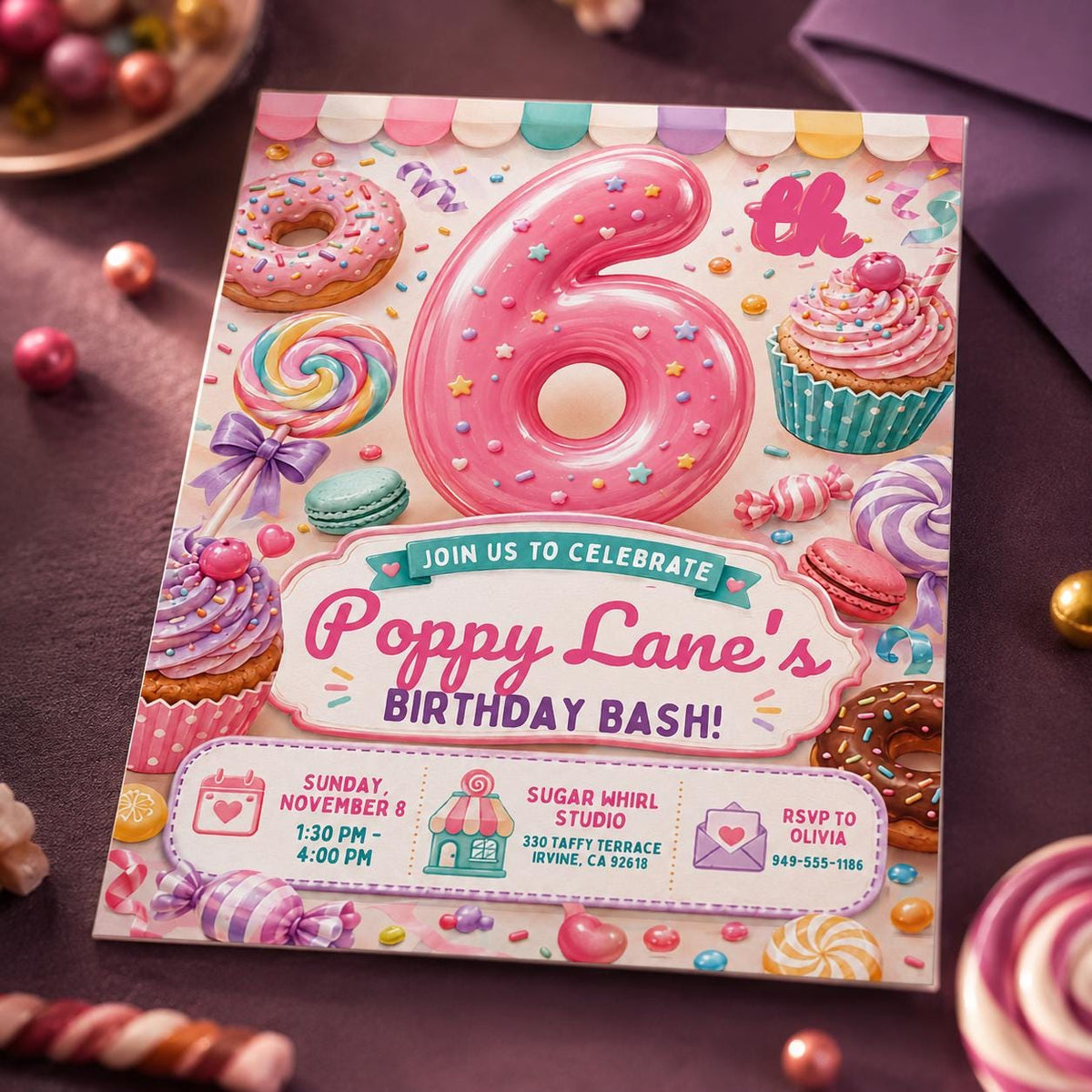 Pink 6th Birthday Girl Invitation — candy and donut design