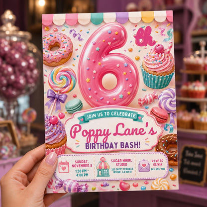 Pink 6th Birthday Girl Invitation — print-ready 6th birthday party design from VoltBy