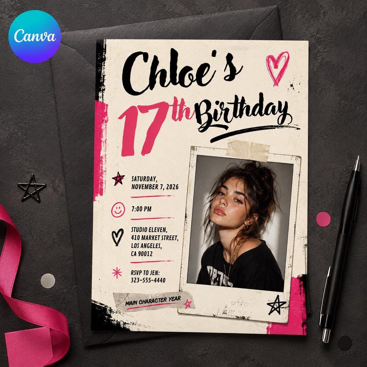 Pink and Black 17th Birthday Photo Invitation: Pink Black Grunge Teen Party for Girl — editable Canva template