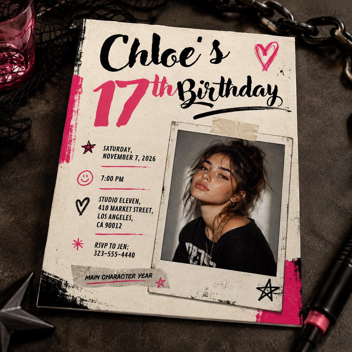 Pink and Black 17th Birthday Photo Invitation: Pink Black Grunge Teen Party for Girl — invitation you personalize in Canva