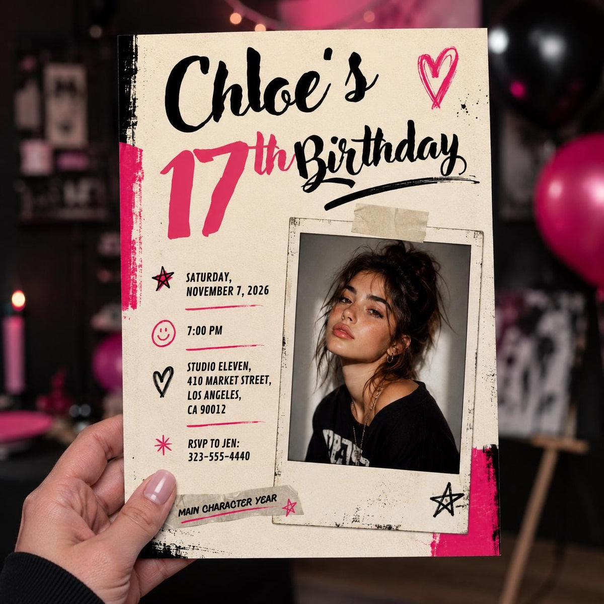 Pink and Black 17th Birthday Photo Invitation: Pink Black Grunge Teen Party for Girl — print-ready 17th birthday party