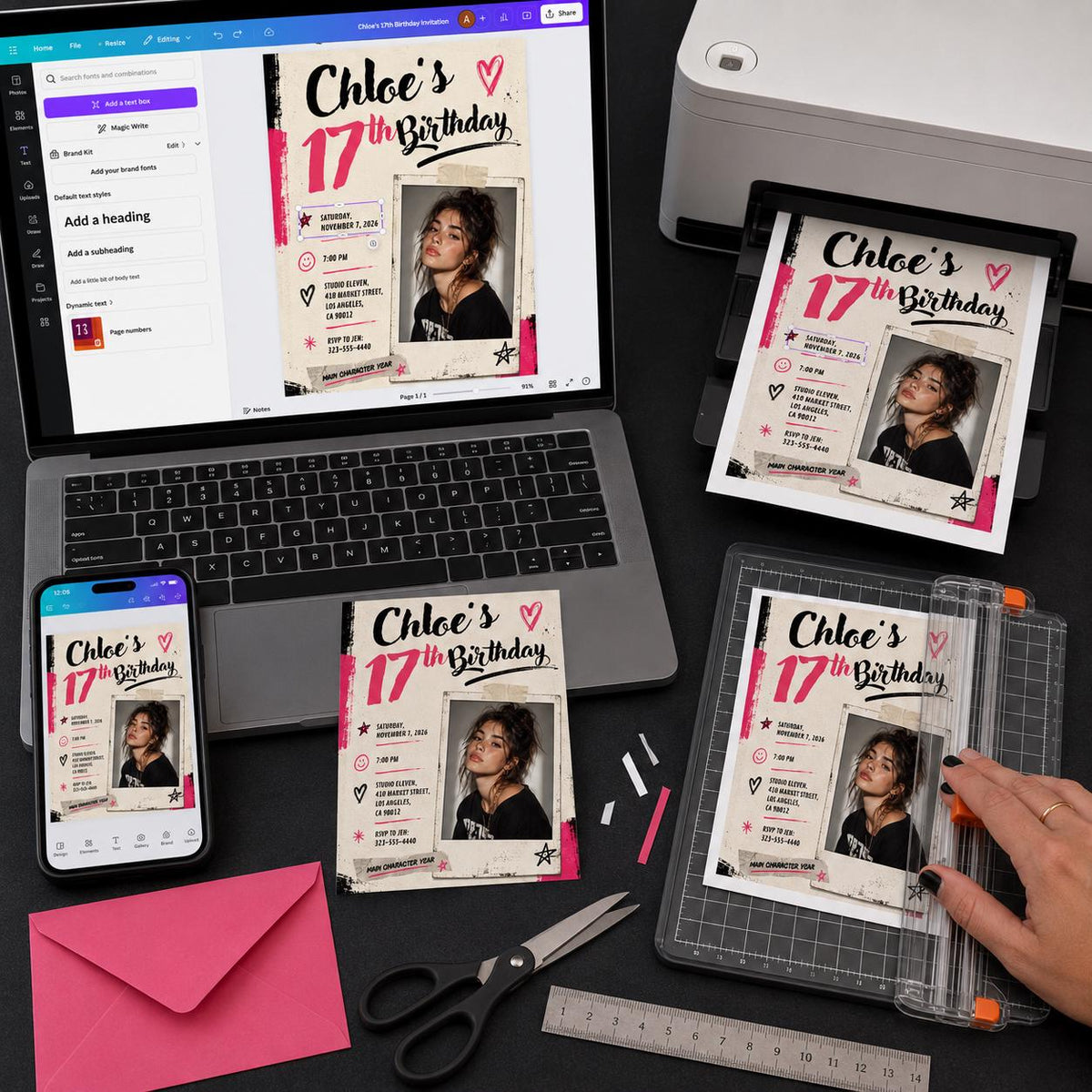 Pink and Black 17th Birthday Photo Invitation: Pink Black Grunge Teen Party for Girl — digital invitation, instant download