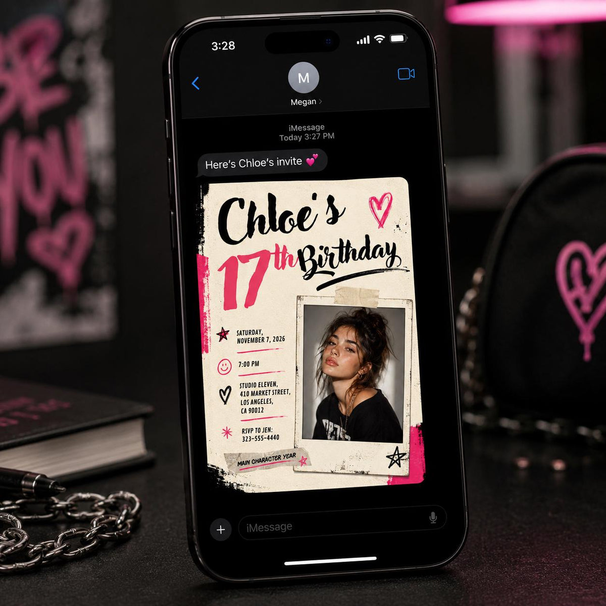 Pink and Black 17th Birthday Photo Invitation: Pink Black Grunge Teen Party for Girl — 17th birthday party stationery