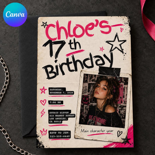 Pink and Black 17th Birthday Photo Invitation: Y2K Scrapbook — editable Canva template