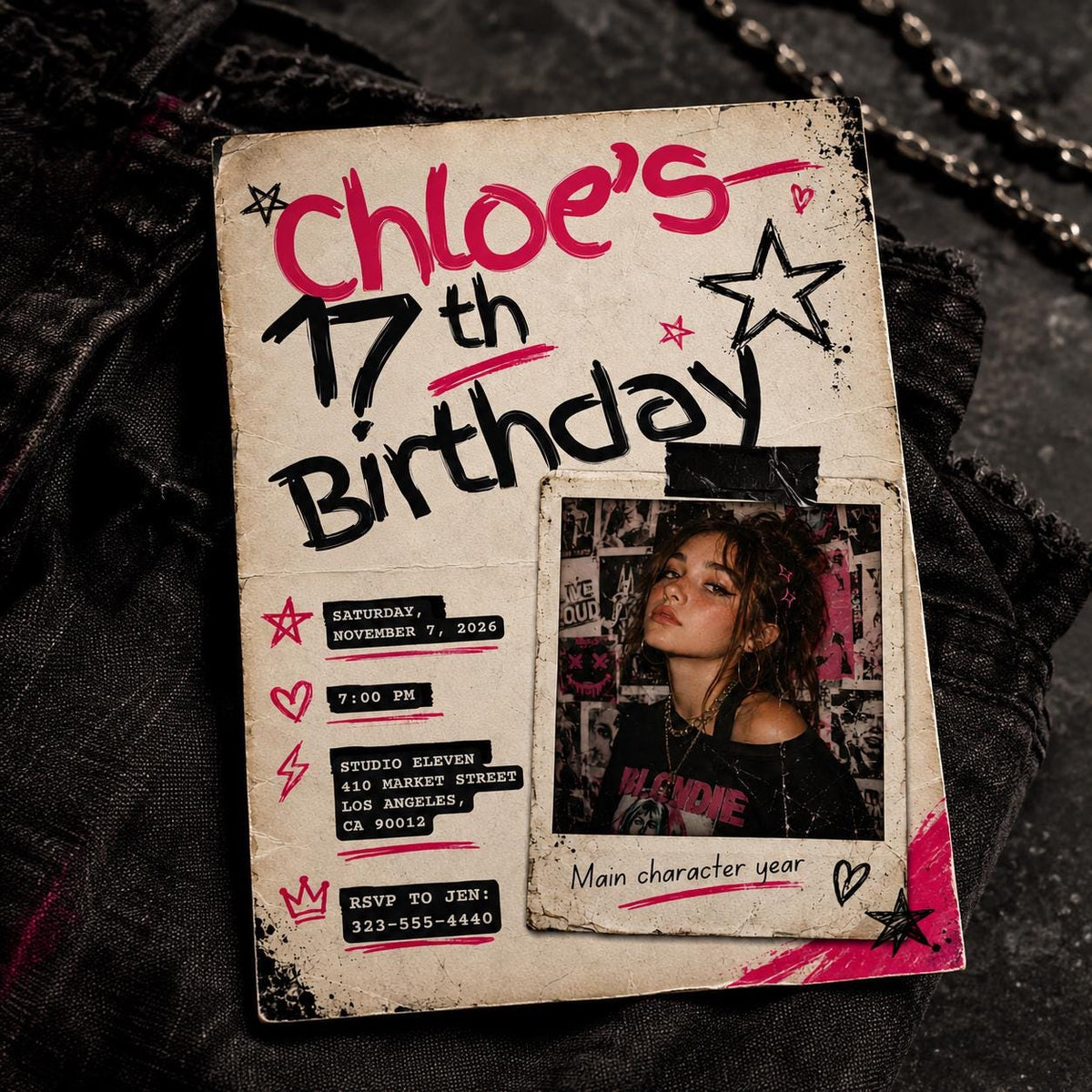 Pink and Black 17th Birthday Photo Invitation: Y2K Scrapbook — y2k 17th birthday party design