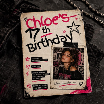 Pink and Black 17th Birthday Photo Invitation: Y2K Scrapbook — y2k 17th birthday party design