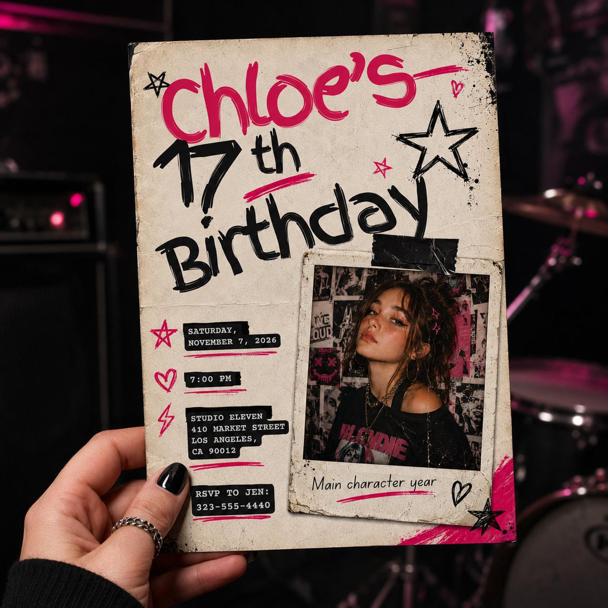Pink and Black 17th Birthday Photo Invitation: Y2K Scrapbook — print-ready 17th birthday party design from VoltBy