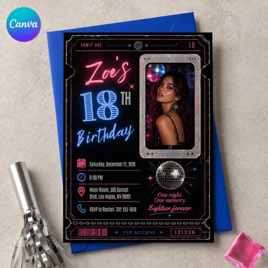 Pink and Black 18th Birthday VIP Ticket Invitation — editable Canva template