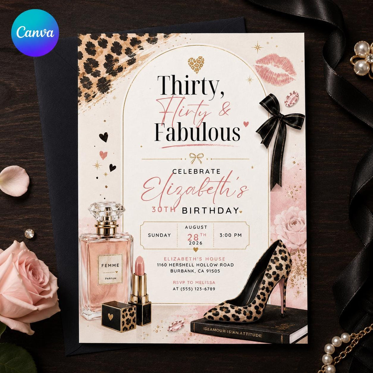 Pink and Black 30th Birthday Invitation — editable Canva template